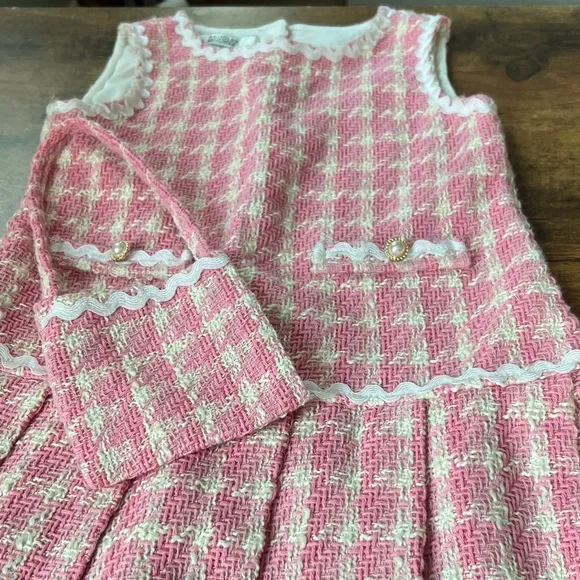 Badgley Mischka Pink and Cream Textured Girl’s Dress w/ Matching Purse Size 8 - Picture 3 of 14